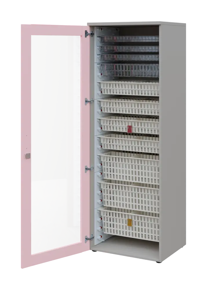 EUROMEDICA S - 66 skříň léková boxová, 1-dveřová/prosklená, levá, 1950x660x535, korpus šedý, dvířka pastelově růžová